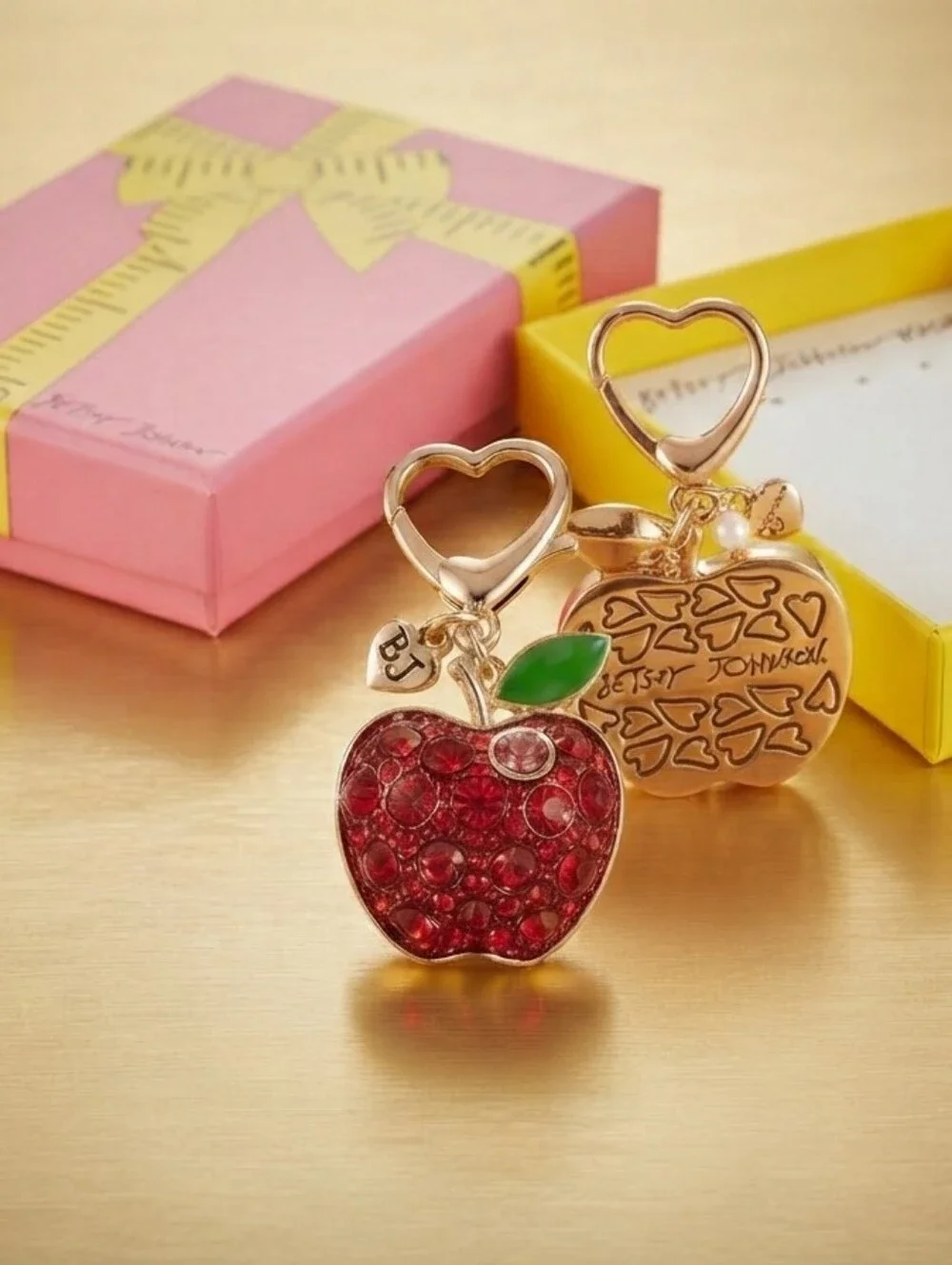 Betsey Johnson Red Rhinestone Apple Keychain Heart Charm New in Box